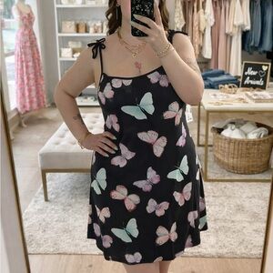 SHEIN Black Mini Dress with Mint and Pink Butterfly Print